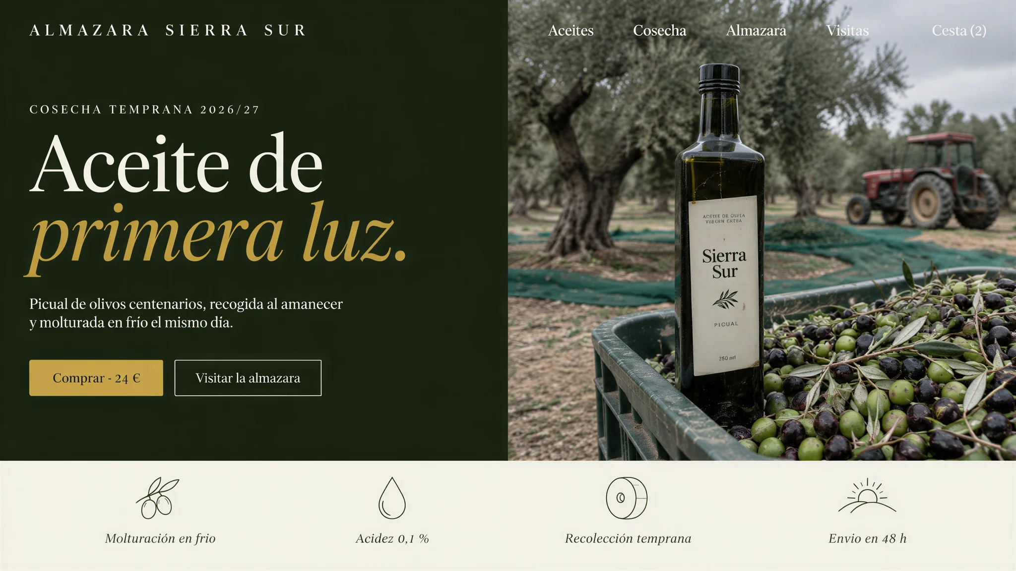 Mockup: sito di un negozio di olio d'oliva con la foto della bottiglia su una cassetta di olive appena raccolte nell'uliveto, un grande titolo con grazie e icone lineari su misura.