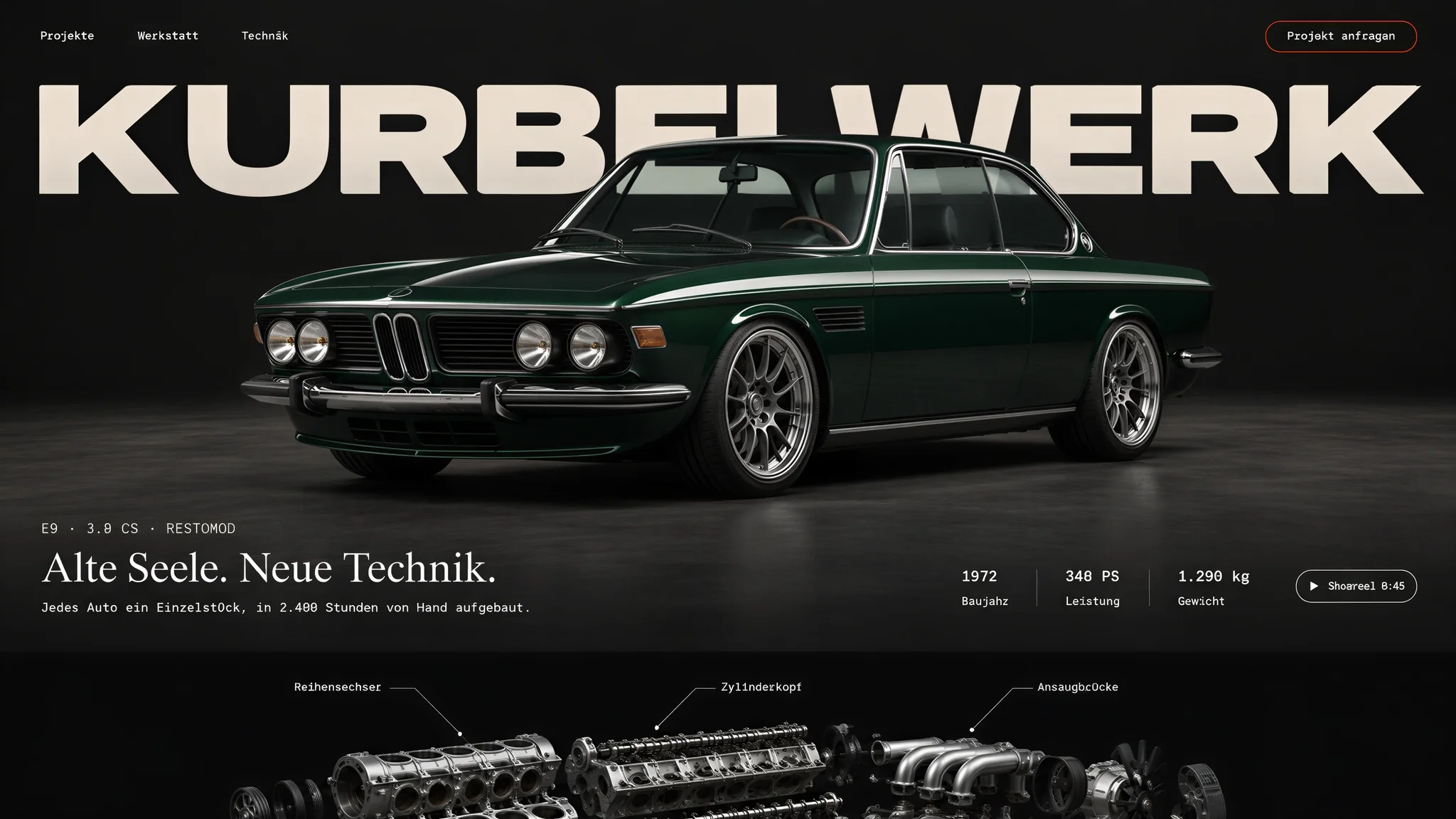 Mockup: sito di un'officina restomod con una BMW E9 Coupé verde taiga davanti a una scritta enorme e un esploso 3D del sei cilindri in linea.