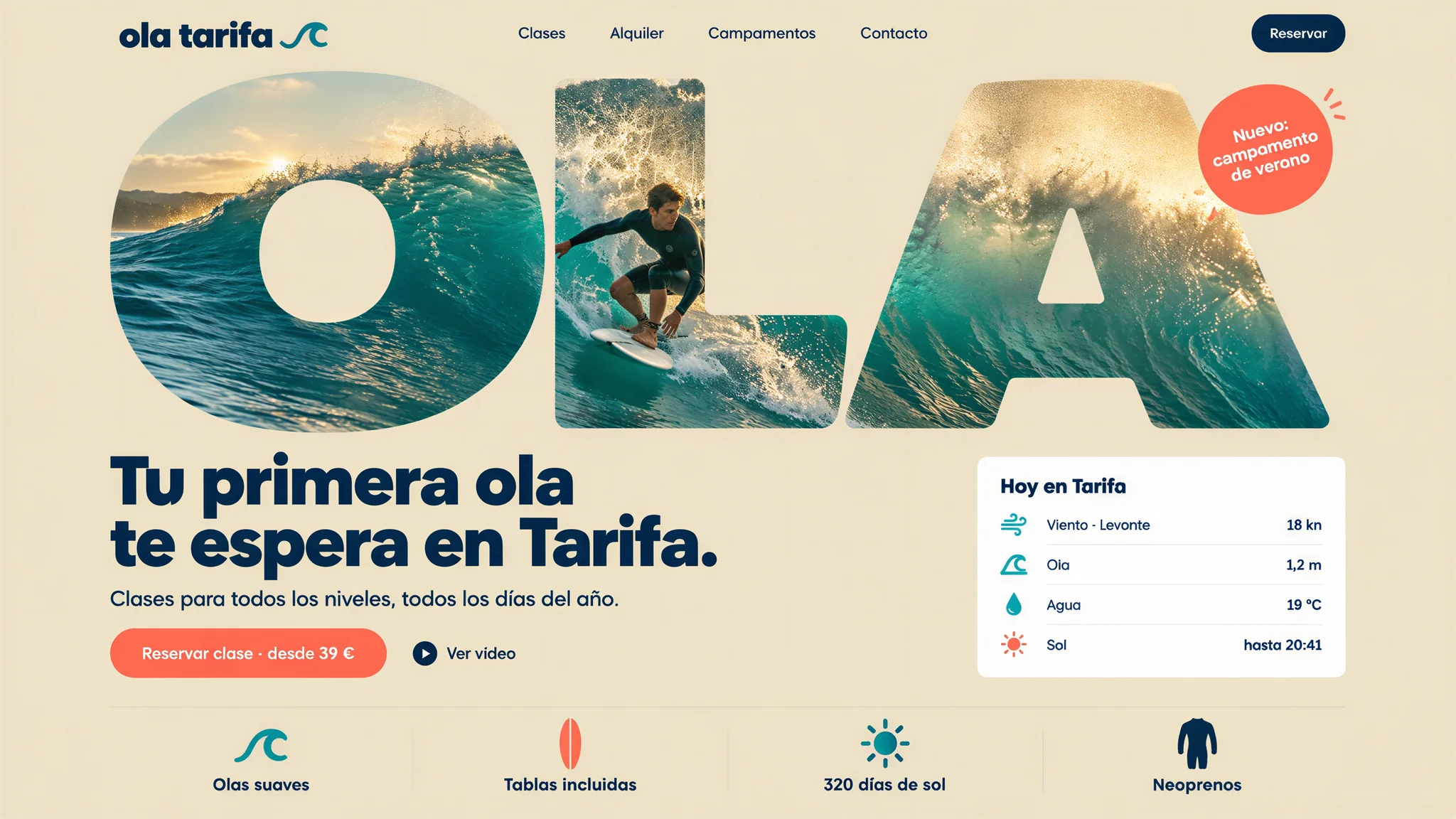Mockup: sito di una scuola di surf in cui la parola «OLA» si apre su un'onda con un surfista, con una scheda sulle condizioni del mare a Tarifa e icone flat.
